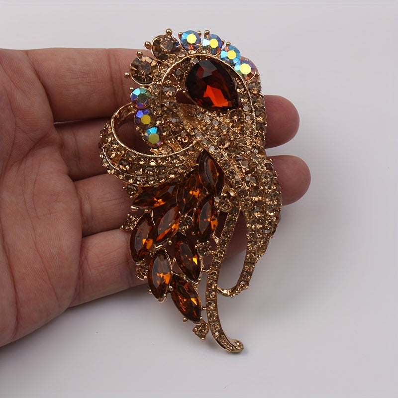 Vintage-Inspired Large Crystal Glass Brooch Pin Elegant Rhinestone Corsage for Bridal Gowns Gold-Tone Floral Design Pinkish-Brown Stones