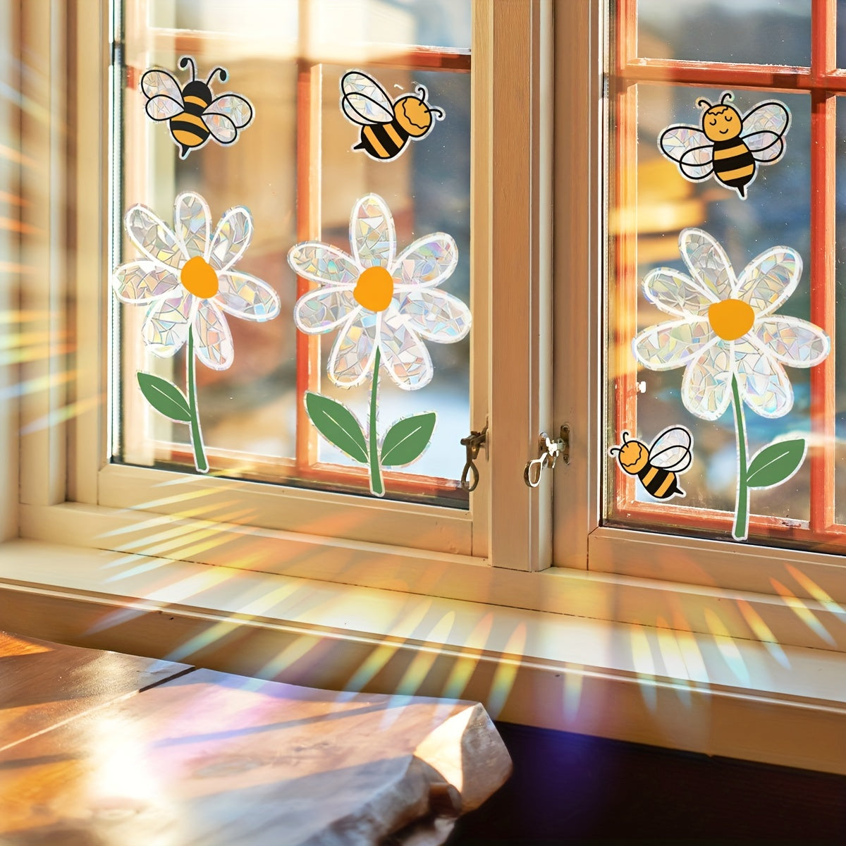 Rainbow Daisy and Bee Window Clings, Reusable Static PVC, 30x42cm Sheet