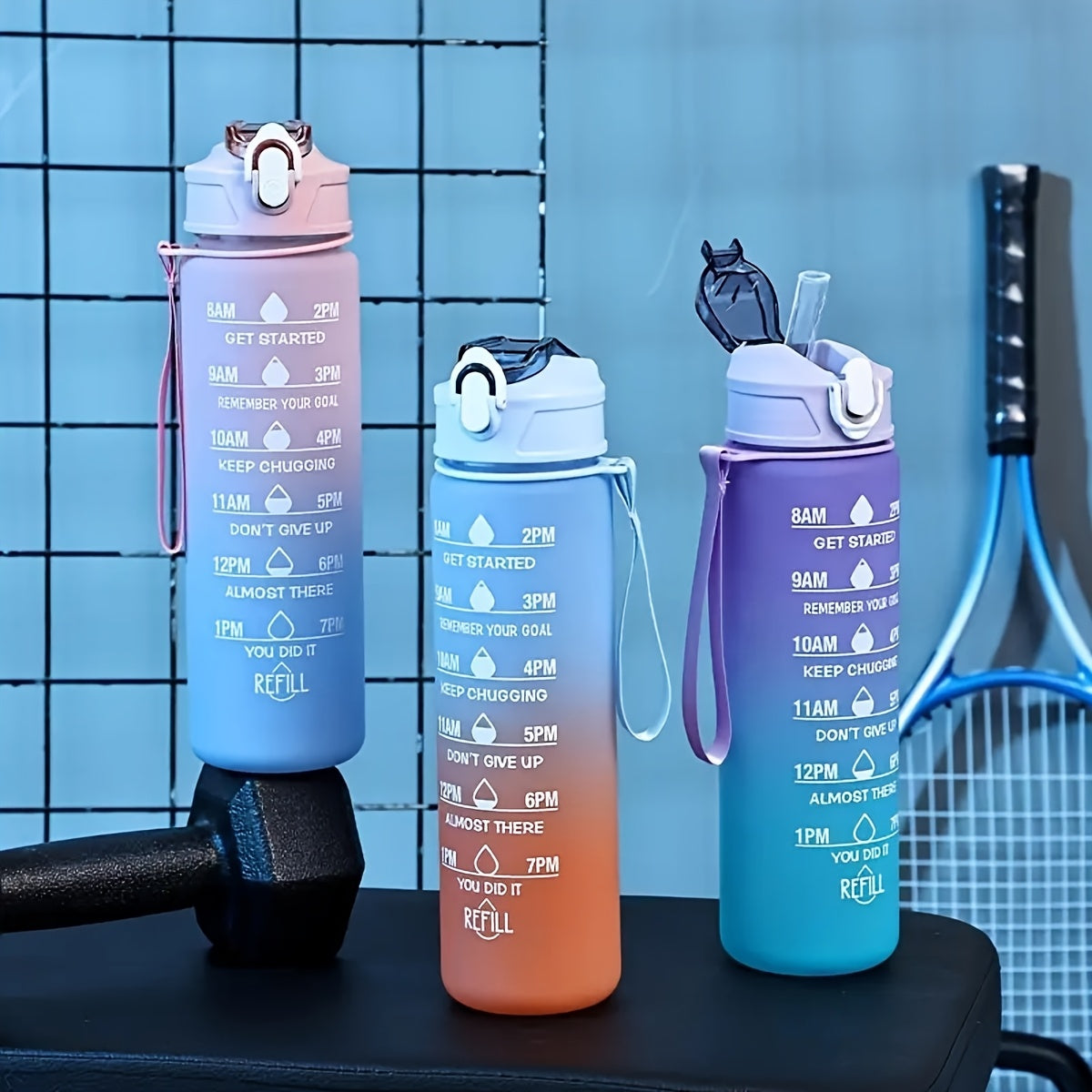 Gradient Water Bottle with Straw and Time Marker, Leakproof Sports Cup