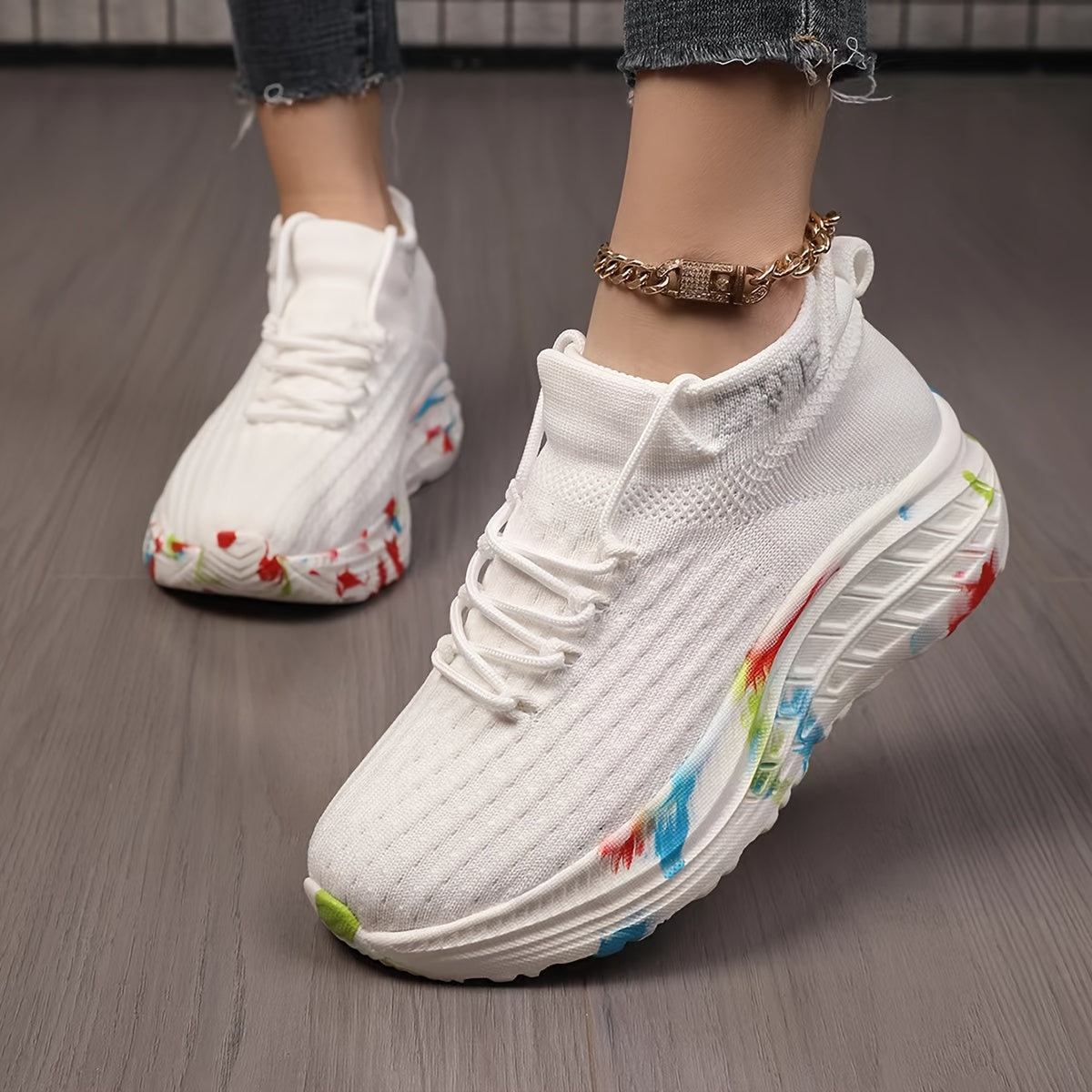 Women's Knitted Platform Sneakers Breathable Casual Low-Top Wedge Shoes