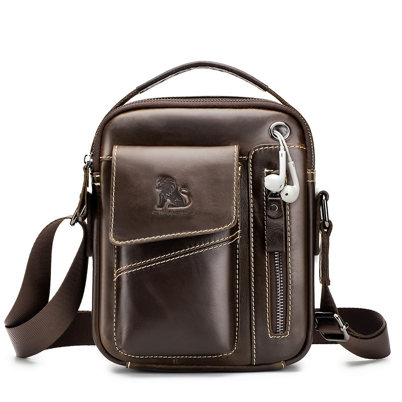 Men's Genuine Leather Crossbody Bag with Multi-Compartment Zipper Dark Brown