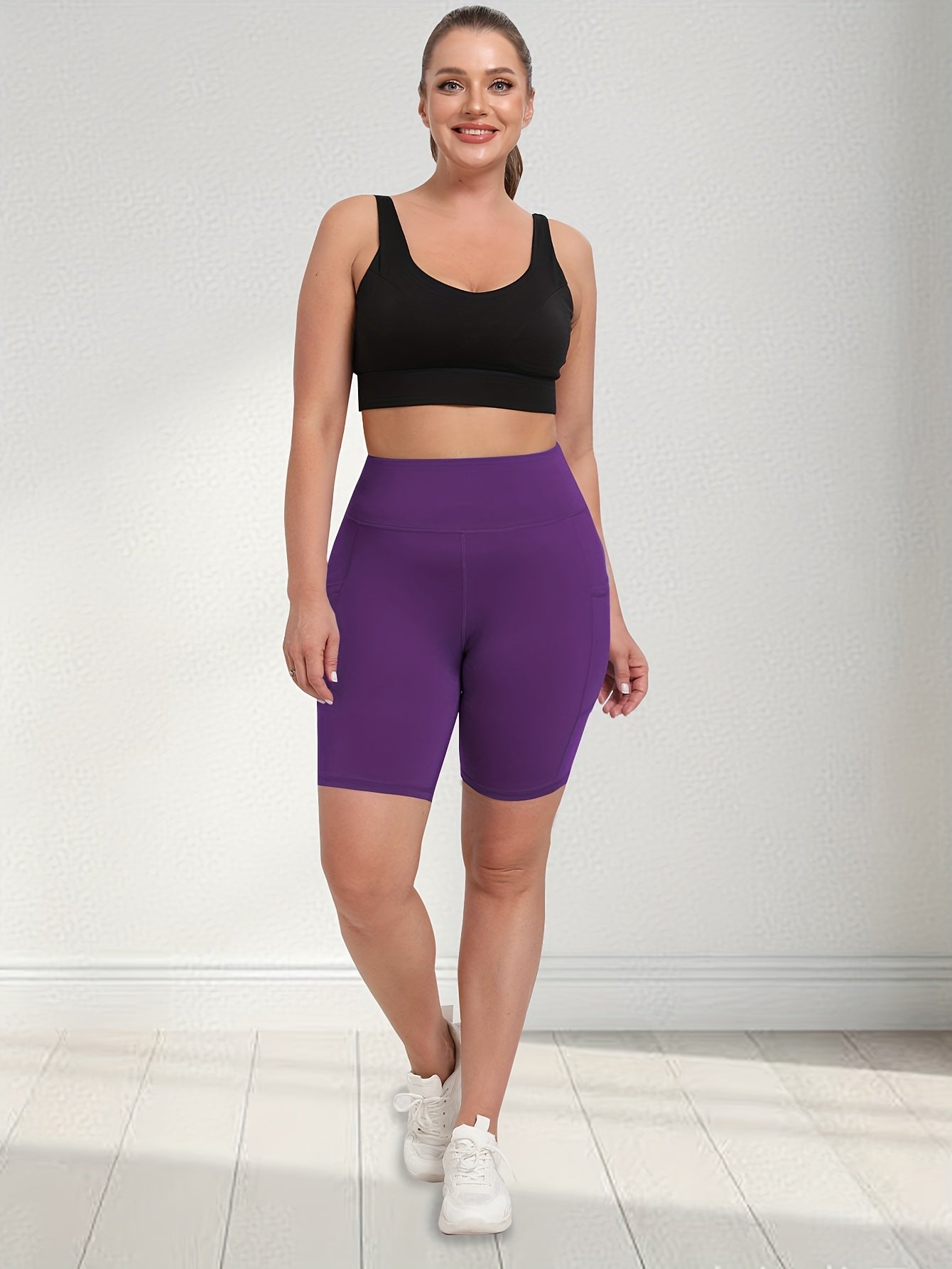 Women's Large Size Shorts Three-Piece Set High Waist Pockets Casual Sports