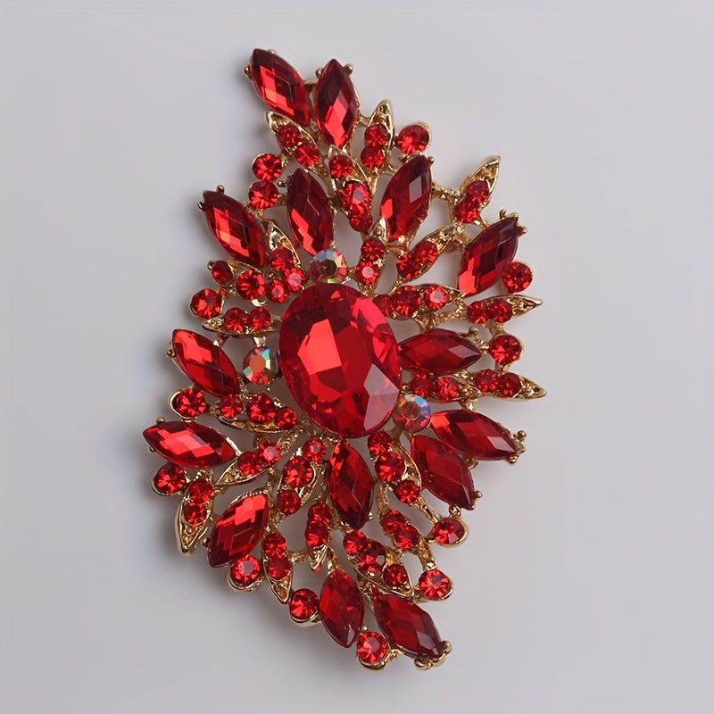 Red Crystal Glass Brooch Pin with Large Floral Design for Women