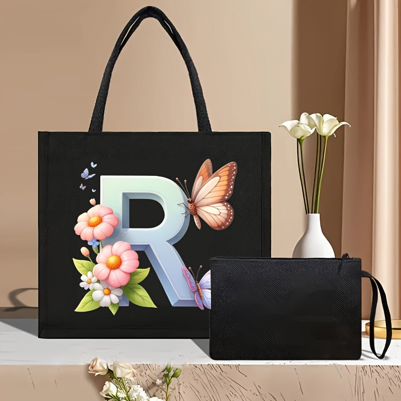 Set of 2 Floral Letter Print Canvas Tote Bags Large Handbag with Clutch Pouch