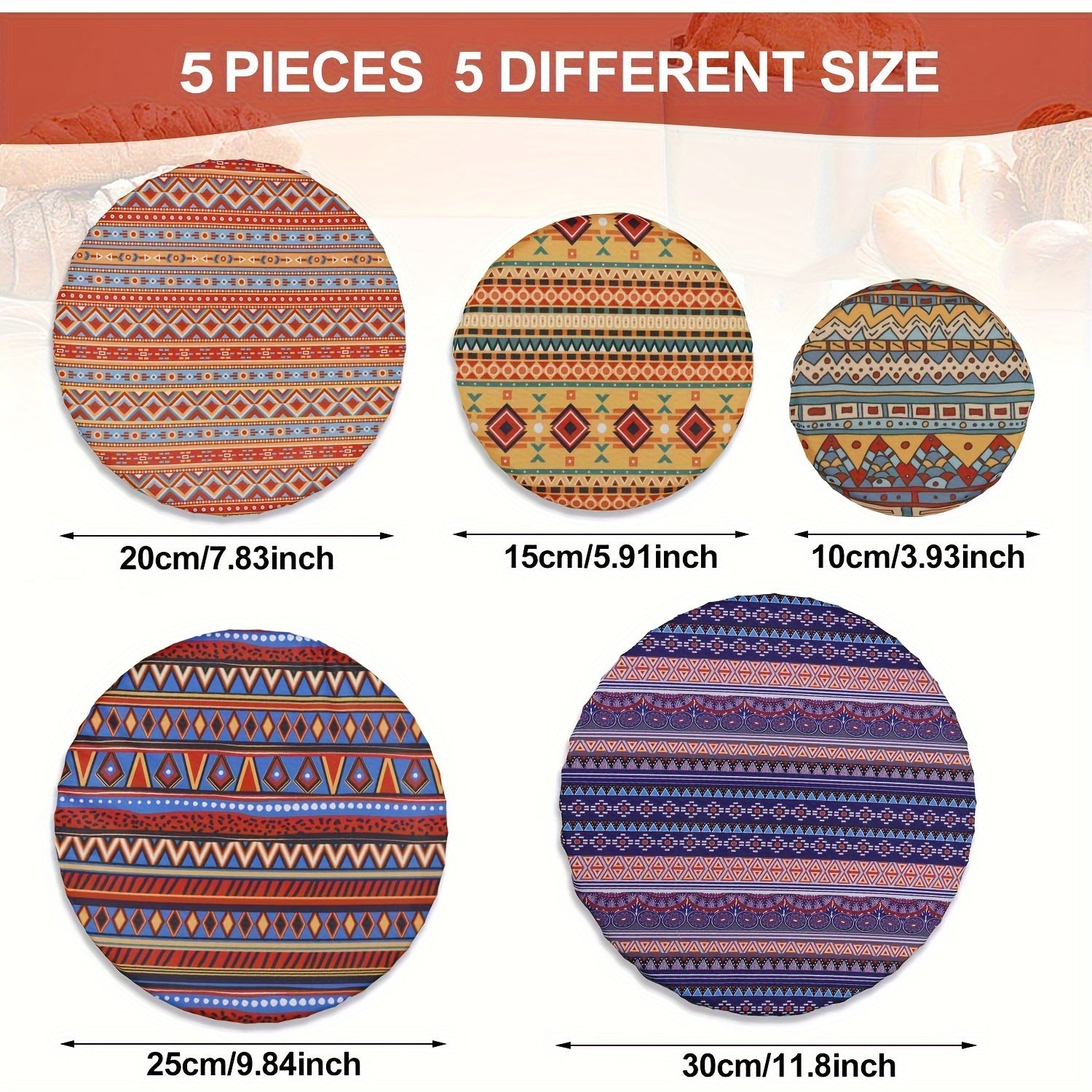Set of 5 Elastic Polyester Bowl Covers, Stretchy and Reusable Fabric Lids for Food Storage, Perfect for Kitchen Jars and Containers, Safe for Food Contact, Various Designs Included