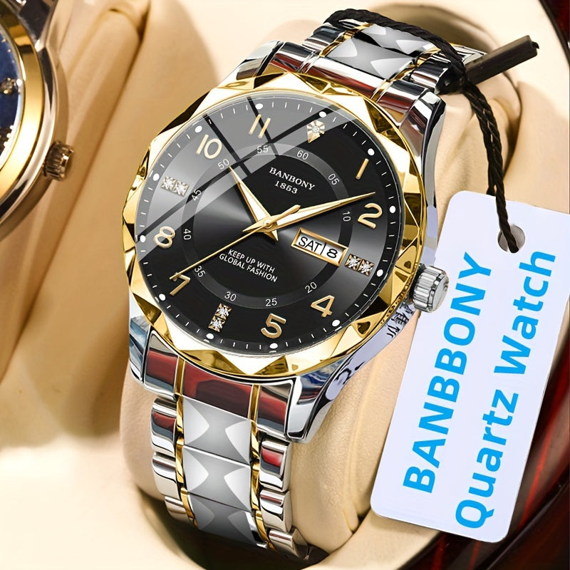 Men's Stainless Steel Quartz Watch with Roman Numeral Dial and Date Calendar