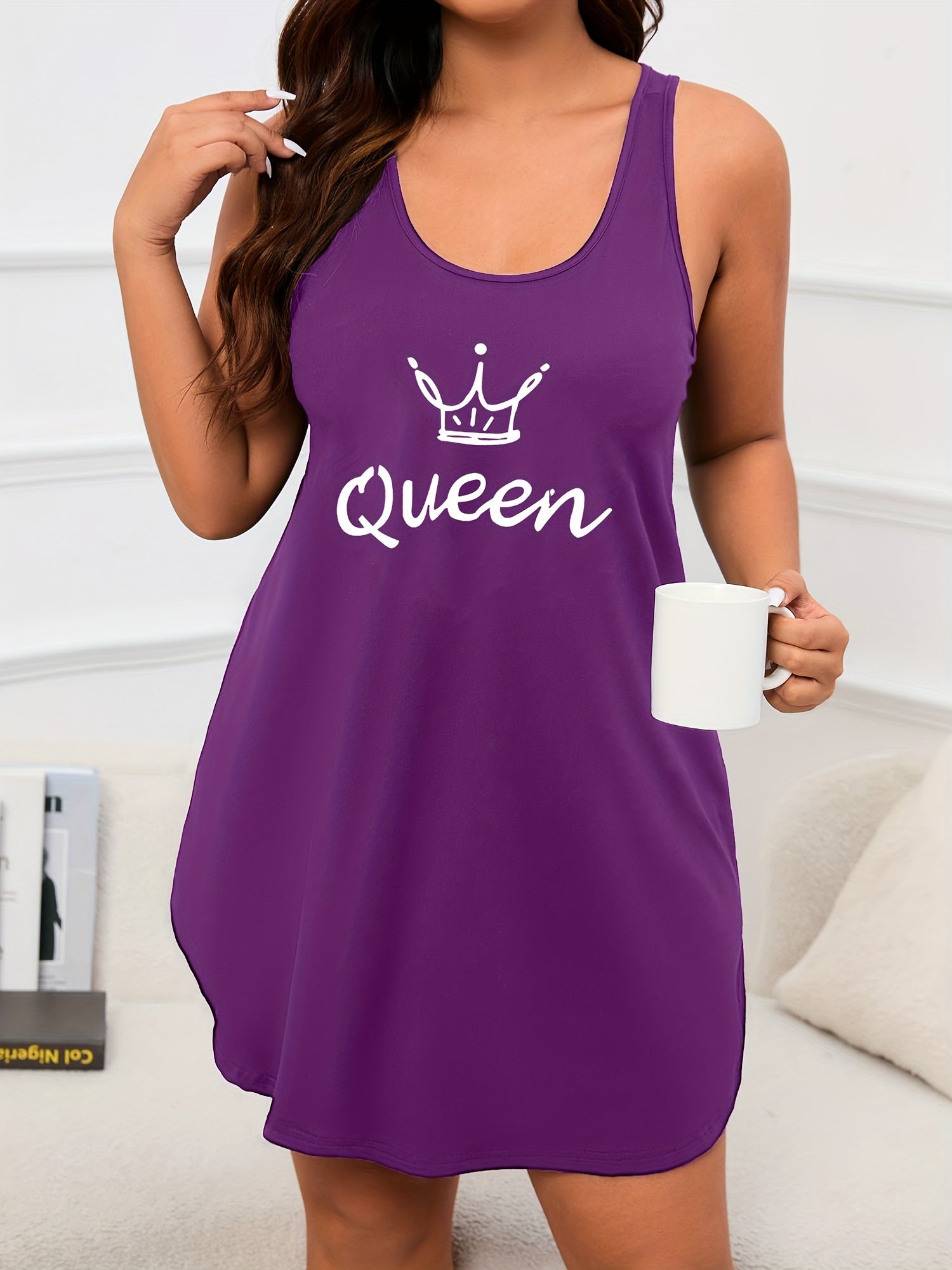 Plus Size Women's Sleeveless Nightgown Black Queen Letter Lounge Sleepwear