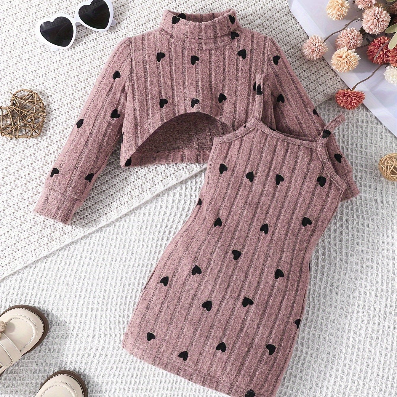 Baby Girl Outfit Set Rib Knit Dress with Geometric Pattern Long Sleeve Top and Slim Fit Camisole Dress for Spring Fall