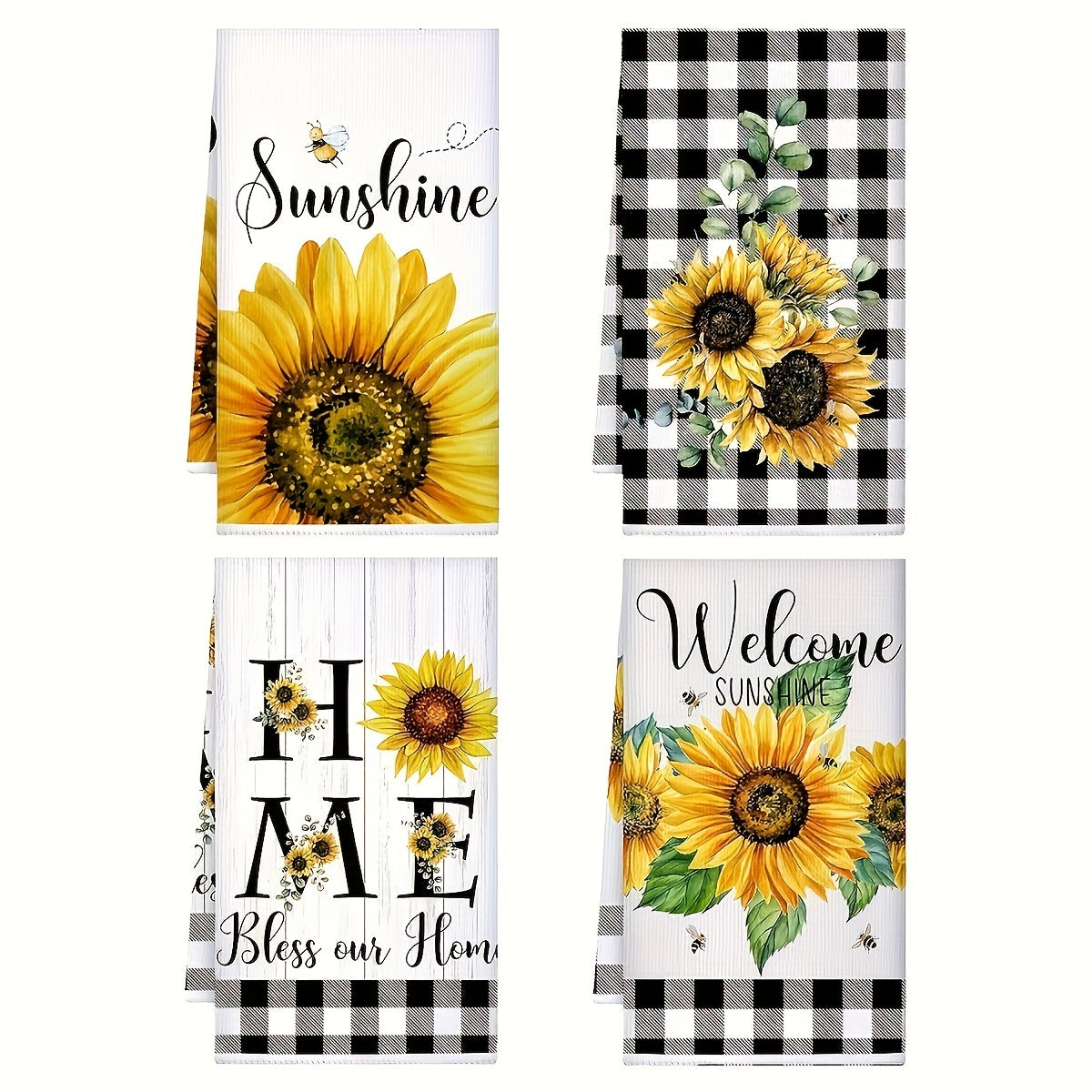 Set of 2 or 4 Sunflower Print Microfiber Cleaning Cloths Soft Absorbent Quick-Dry Machine Washable