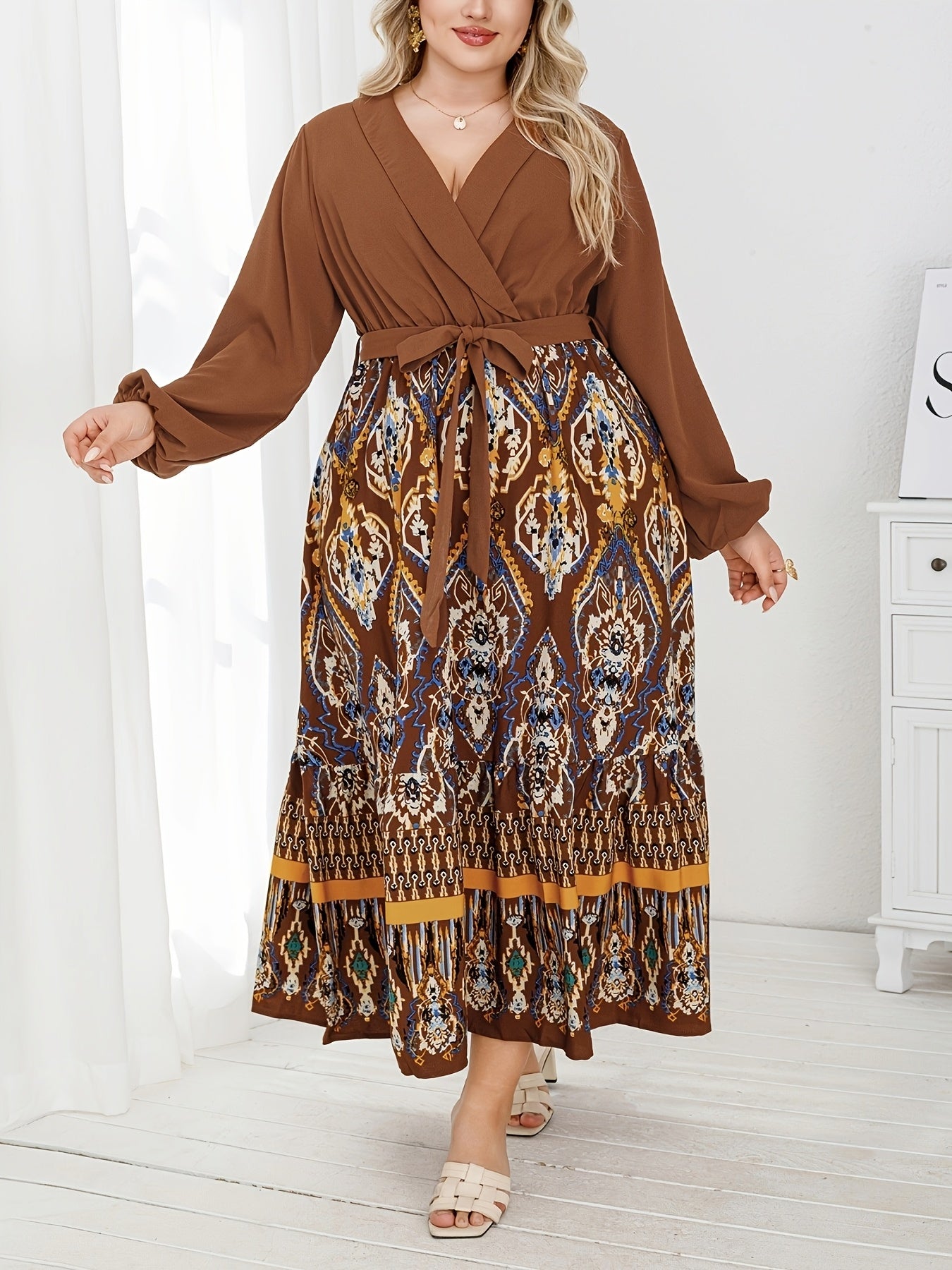 Vestido túnica de talla grande para mujer con escote en V, poliéster, para todas las estaciones, con cinturón de tejido