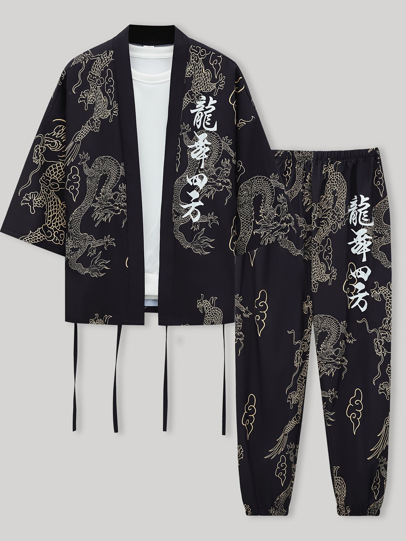 Men's Dragon Print Pajama Set Breathable Polyester Japanese-Inspired Casual Loungewear