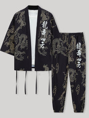 Men's Dragon Print Pajama Set Breathable Polyester Japanese-Inspired Casual Loungewear