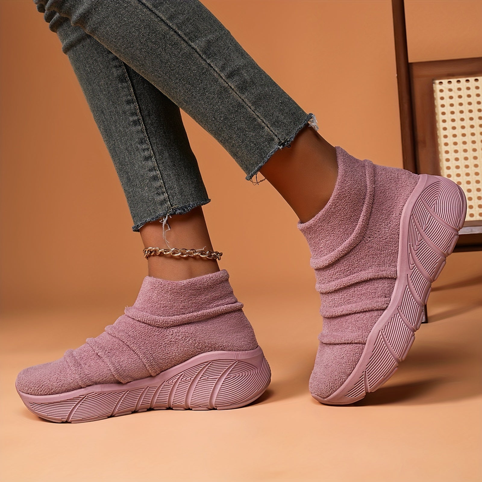 Women's Winter High Top Sneakers Slip-On Fabric Ankle Boots Solid Color