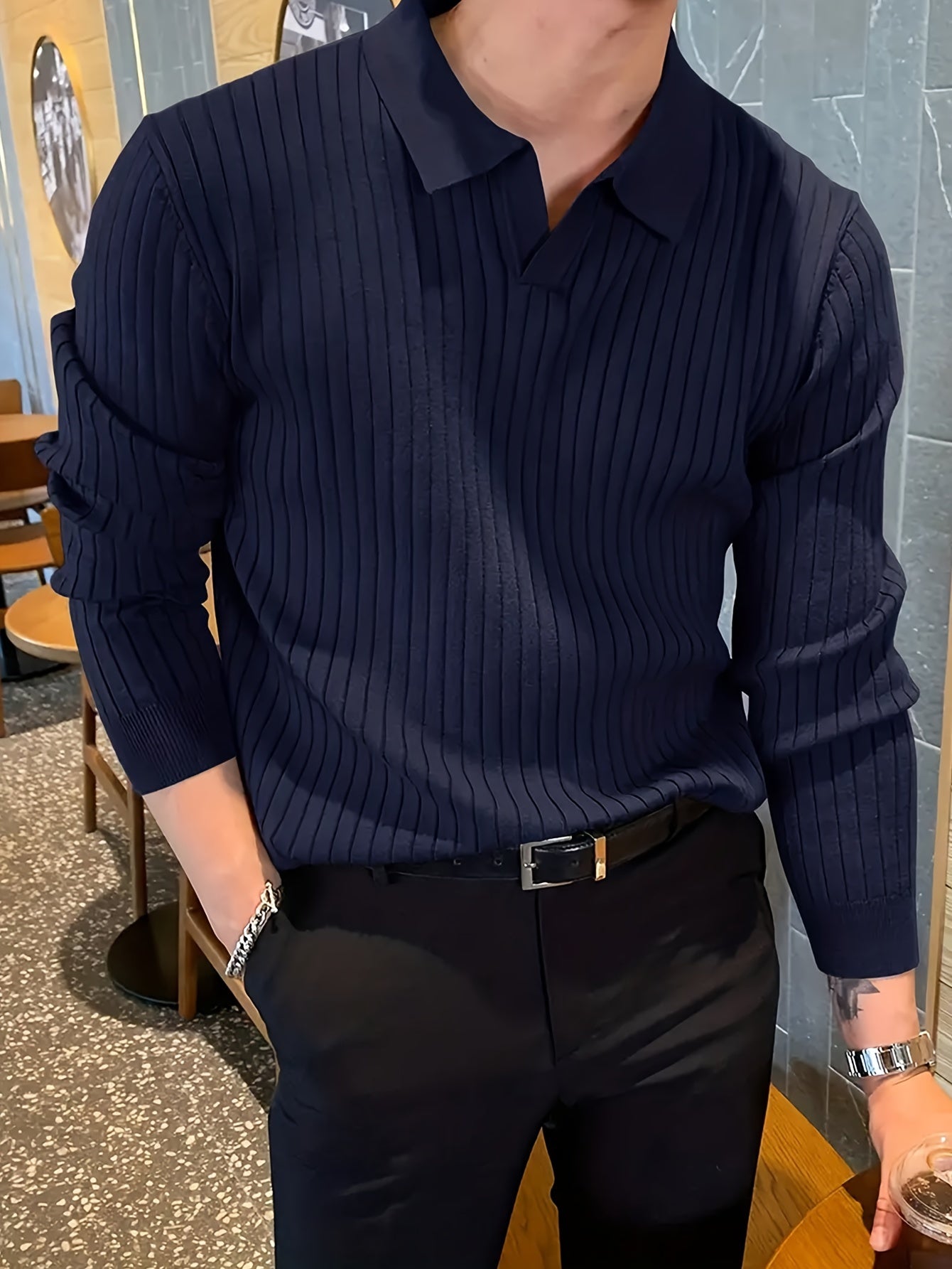 Suéter de cuello polo para hombre de corte regular, manga larga, color sólido, de rayón, para otoño y primavera