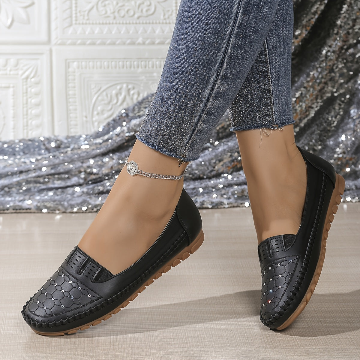 Women's Slip-On Loafers Faux Cover Shoes Comfortable TPR Sole Black White