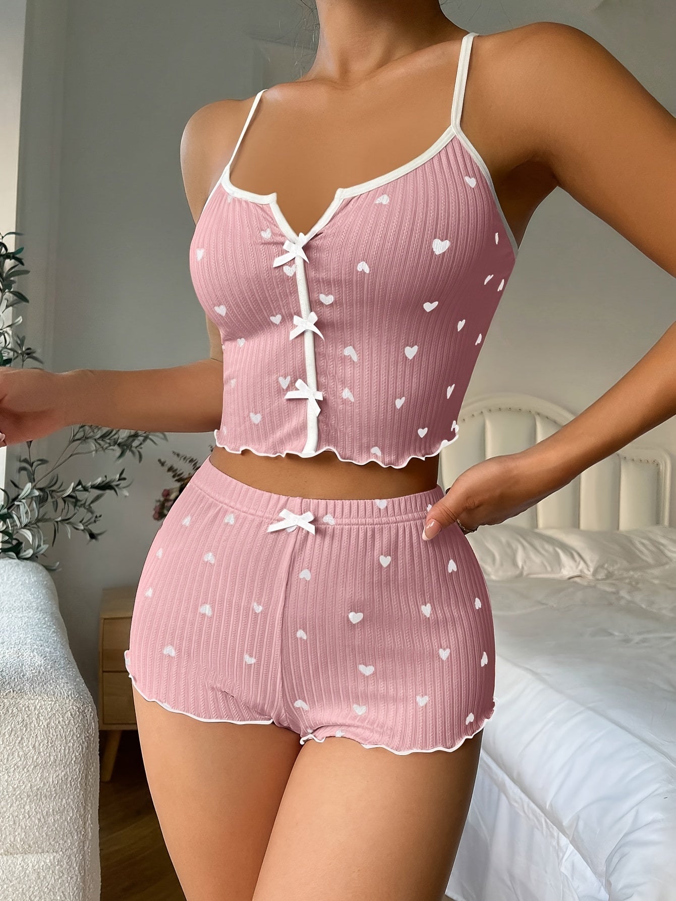 Heart Print Pajama Set with Frill Trim Backless Crop Top and Shorts for Women