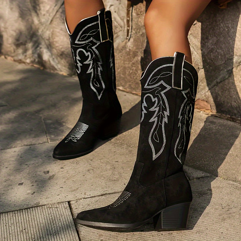 Women's Western Cowboy Boots Floral Embroidery Green Leather Pointed Toe