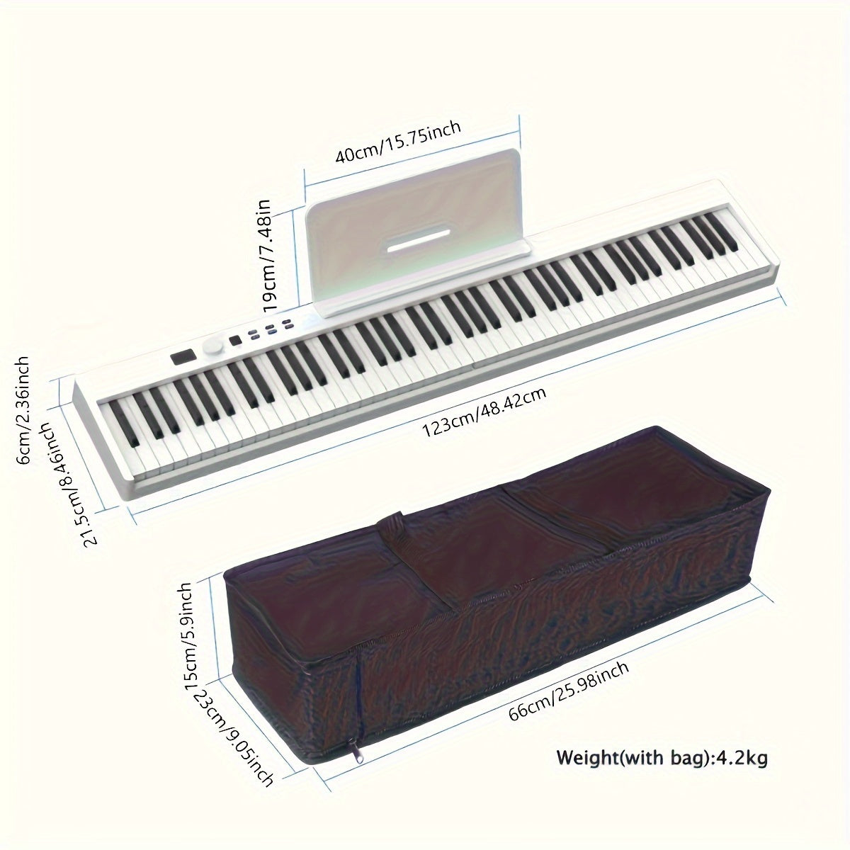 Ikki klaviaturalı pianino, ushlash pedali, USB zaryadlash simi, musiqa stendi va olib yurish sumkasi.