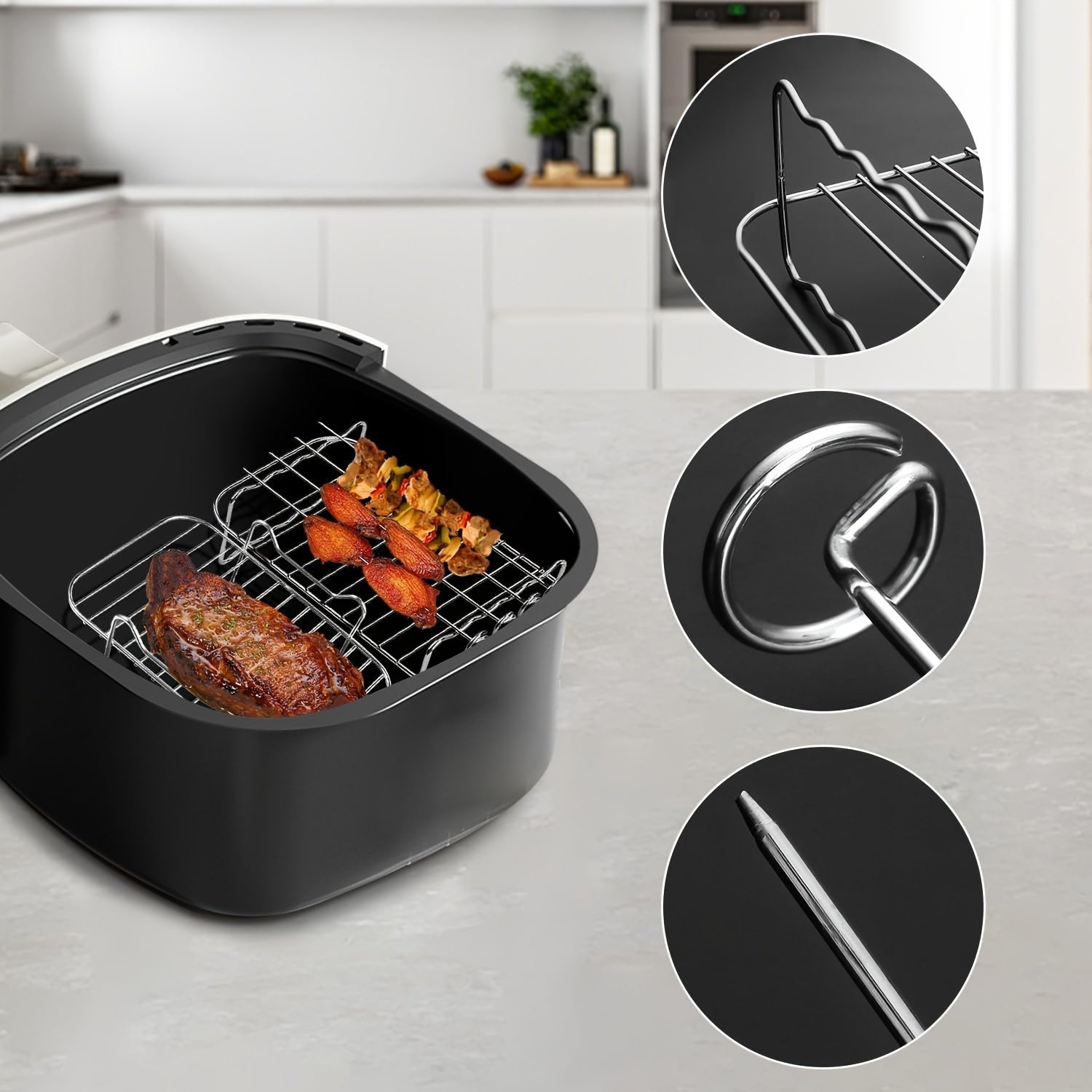 6-ta qismli zanglamaydigan po'latdan yasalgan havo qovurish uchun aksessuarlar to'plami, ramka qovurilgan grill, yopishmaydigan, ko'p qatlamli, ko'pgina havo qovurish pechlari uchun