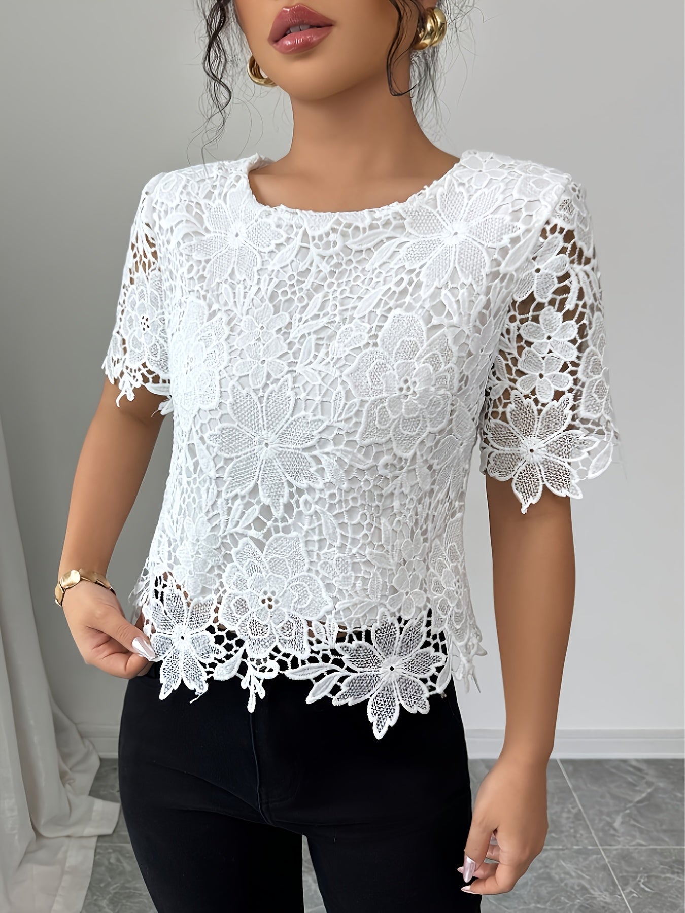 Блузка женская большого размера с цветочным кружевом полупрозрачная легкая повседневная топ