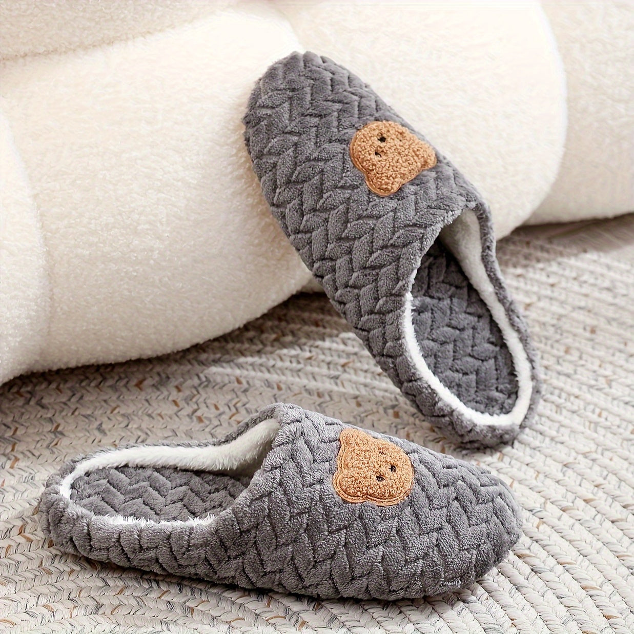 Men's Indoor Slippers with Bear Design Soft Fabric Warm Fuzzy Lining Lightweight Black White