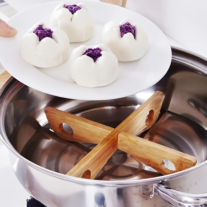 Bamboo Kitchen Organizer Set 4 Pieces Detachable Cross-Shaped Pot Holder Heat-Resistant Storage Rack