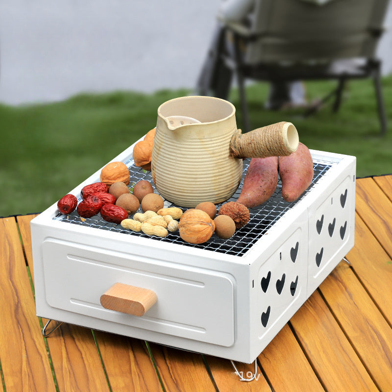 Portativ kvadrat BBQ grill, yopishmaydigan qoplama bilan - Kamping, uy va ochiq havoda pishirish uchun ko‘p maqsadli ko‘mir pechasi. Stainless steel konstruktsiya, choy qaynatish va go‘sht grill qilish uchun ideal.
