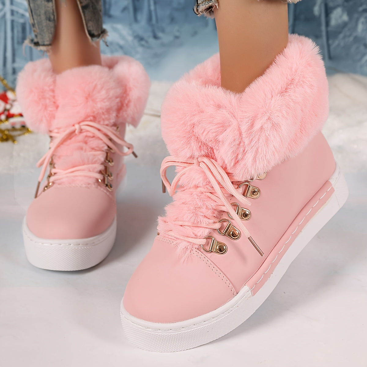 Women's Plush-Lined Winter Sneakers with Tiger Buckle in Black Pink