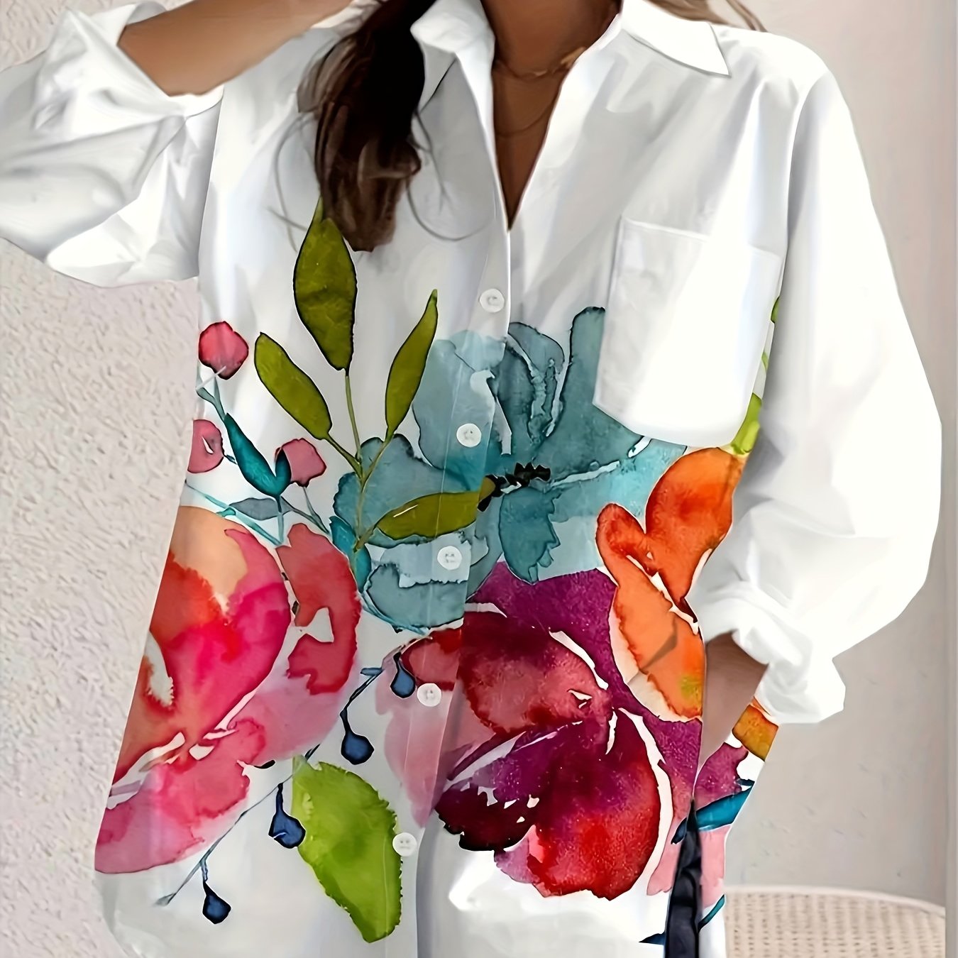 Women's Floral Print Long Sleeve Polyester Casual Shirt with Pockets