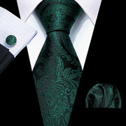 Men's Green Paisley Jacquard Tie Set with Pocket Square and Cufflinks for Weddings and Parties