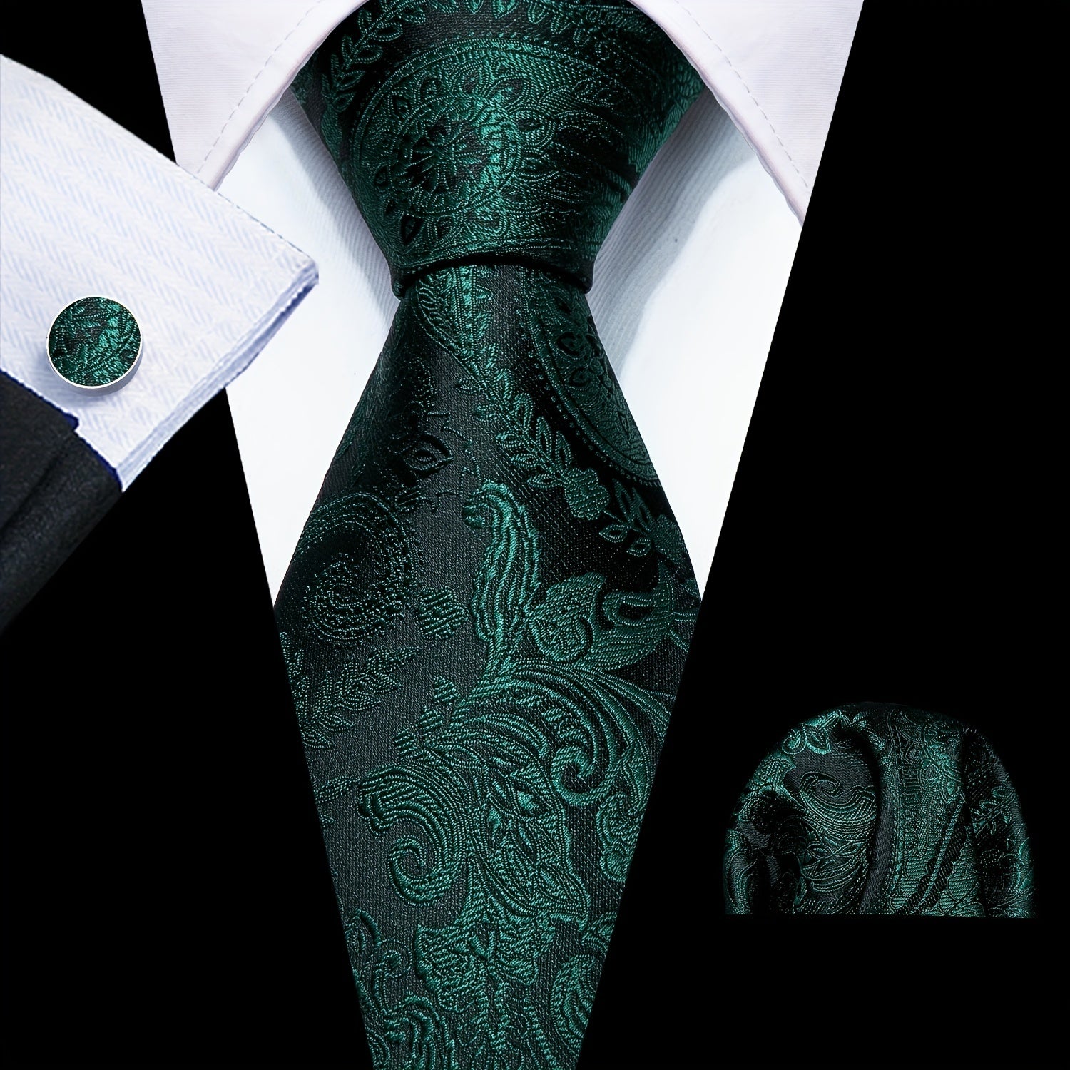 Men's Green Paisley Jacquard Tie Set with Pocket Square and Cufflinks for Weddings and Parties