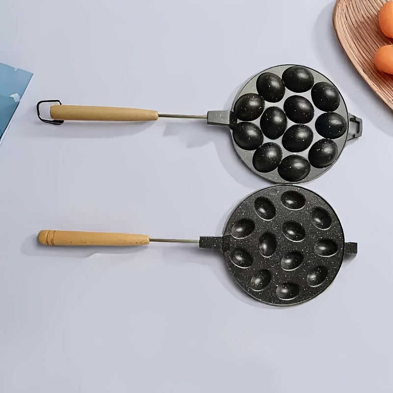 12-Cavity Non-Stick Baking Mold Pan with Wooden Handle for Waffles Cakes and Pancakes