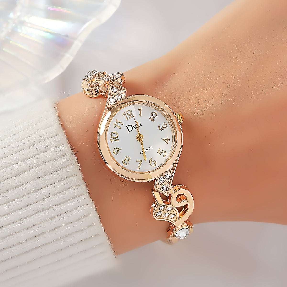 Women's Quartz Watch with Rhinestone Accents, Round Analog Bracelet, Zinc Alloy Band