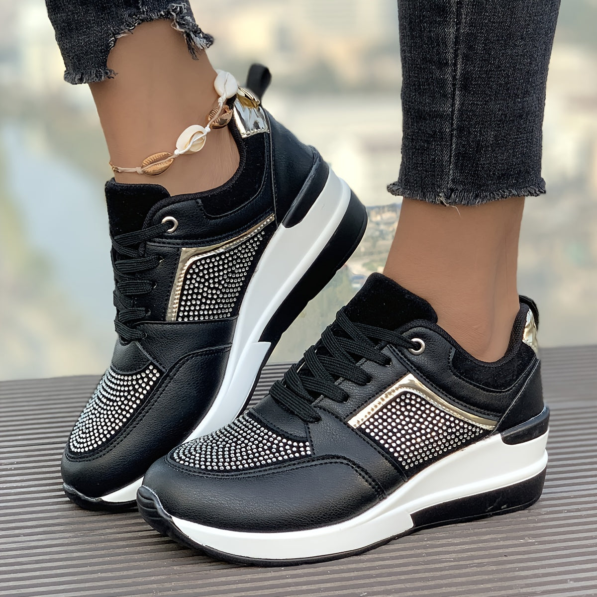 Women's Rhinestone Decor Athletic Shoes, Lace-Up Low Top Running Sneakers, Plus Size