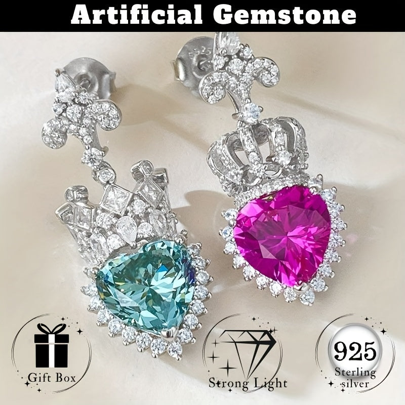 Sterling Silver Heart-Shaped Stud Earrings Red Green Rhinestones Hypoallergenic Nickel-Free