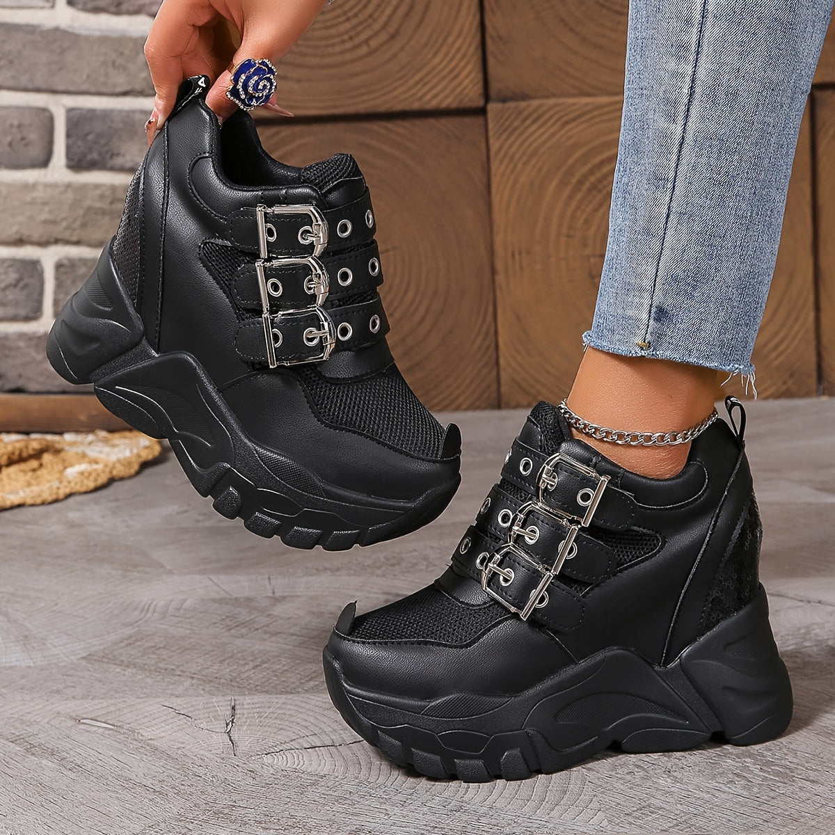 Women's Breathable Mesh Sneakers with Height Increase and Sparkling Sequins