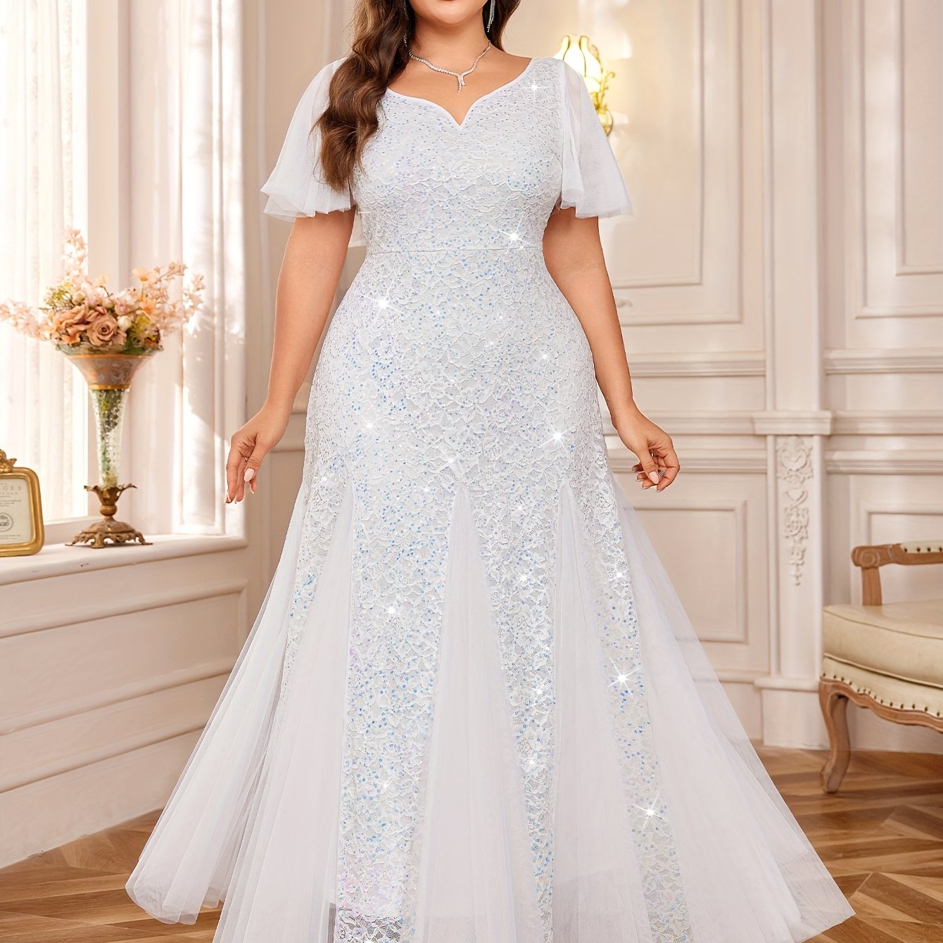 Plus Size Emerald Green Sequin Wedding Dress with Ruffle Sleeves and Lace Contrast