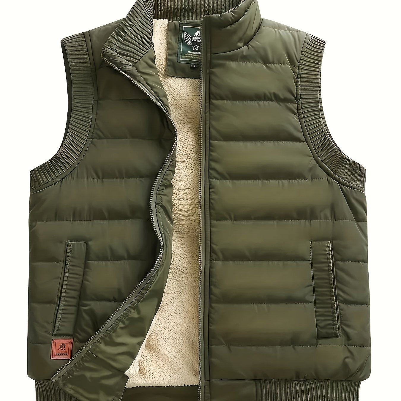 Men's Winter Vest Olive Green Zipper Fleece-Lined Casual Sleeveless Outerwear