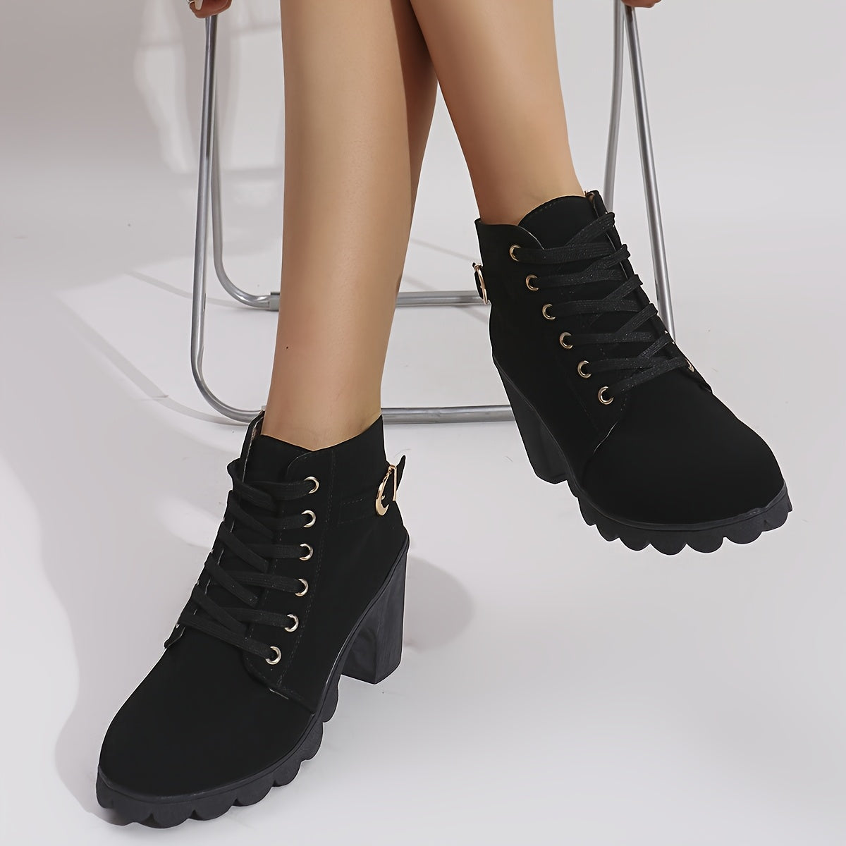Women Ankle Boots Winter Thick Sole Side Zipper Lace-Up Casual Black Synthetic