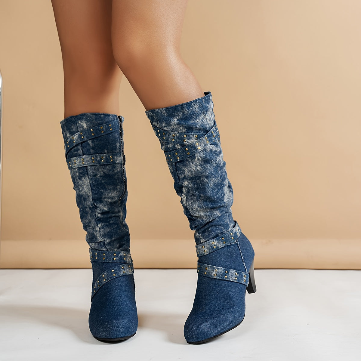 Women's Knee-High Fabric Boots with Zipper and Flat Heel