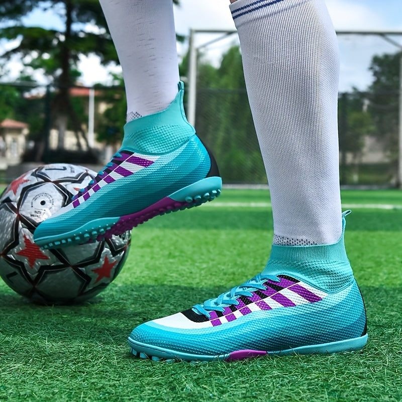 Erkaklar uchun zamonaviy yuqori TF futbol poyabzallari, tashqi mashg'ulotlar va musobaqalar uchun mustahkam va nafas oladigan.