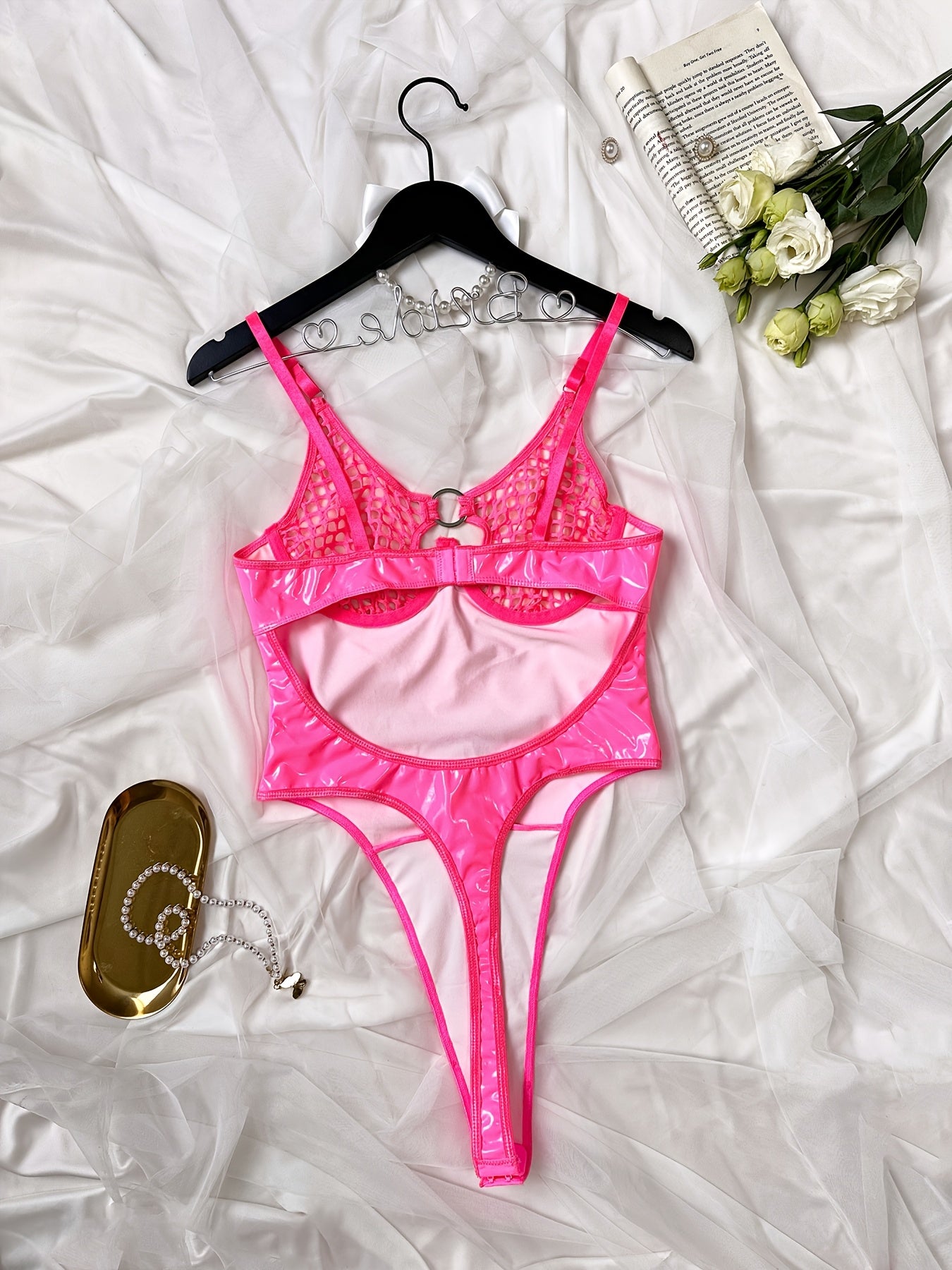 Women's Hollow Grid Patchwork Bodysuit Fashion Sexy Body Suit for Clothing