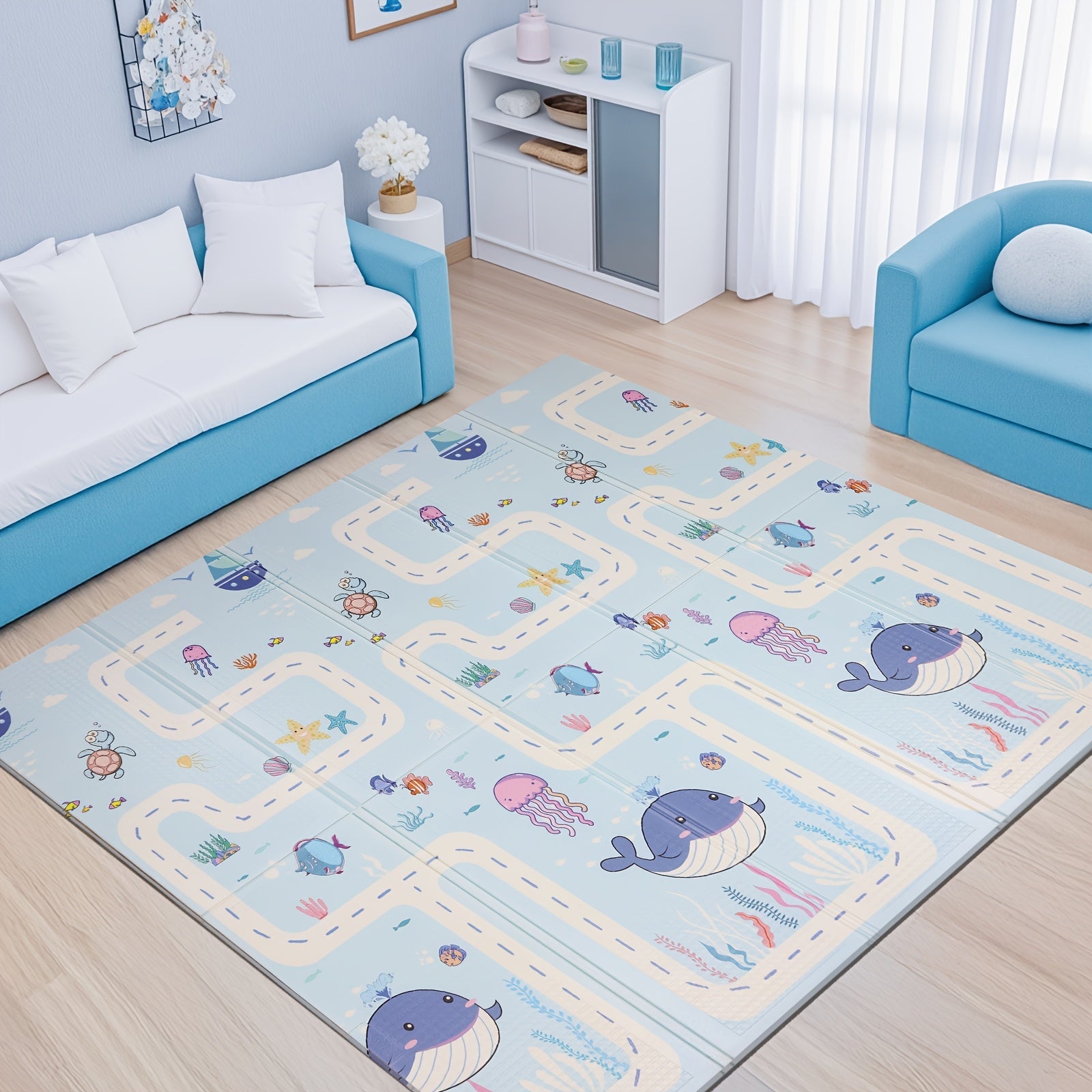 Waterproof Play Mat for Crawling and Walking Blue Cartoon Animal Design Non-Slip Foldable Nursery Floor Mat
