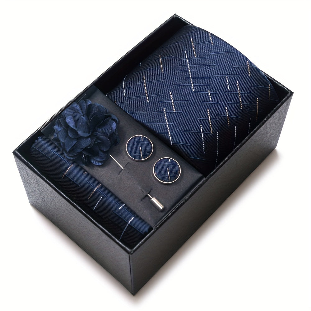 Set of 5 Men's Accessories Dark Blue Striped Necktie Hanky Cufflinks Brooch for Wedding or Business