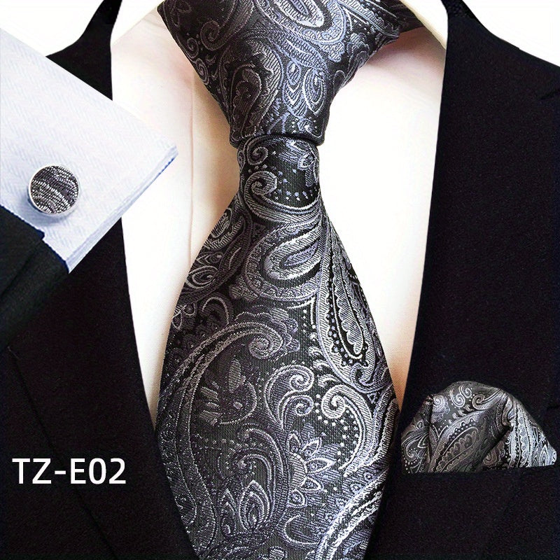 Set of 3 Paisley Jacquard Woven Neckties with Cufflinks and Pocket Squares for Men