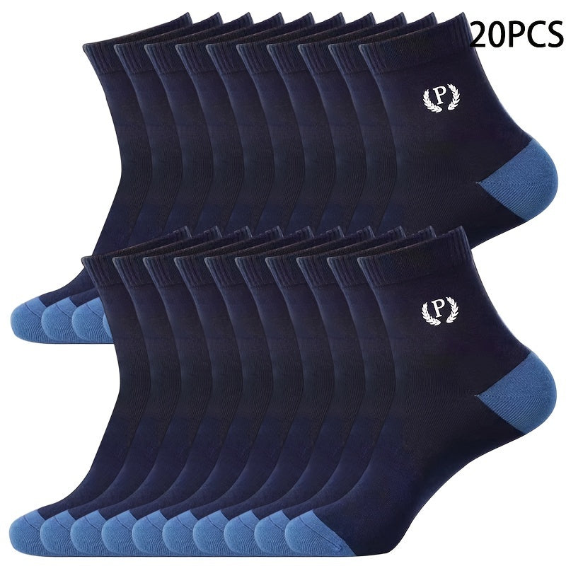 Men's Mid-Calf Socks Pack of 20 Solid Colors Breathable Casual Sports Polyester Spandex