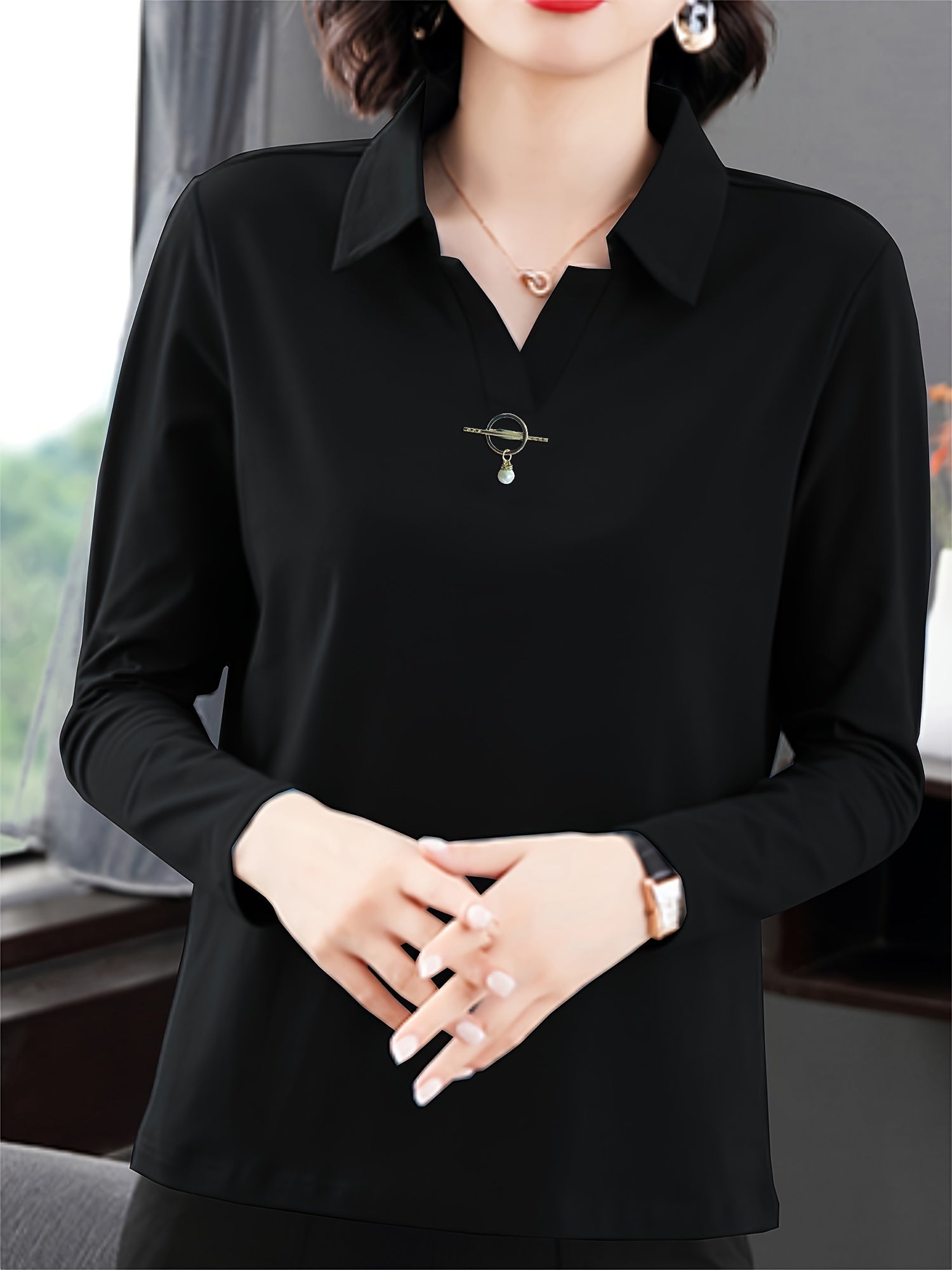 Повседневная рубашка с длинным рукавом и воротником однотонного цвета для весны и осени, женская одежда.