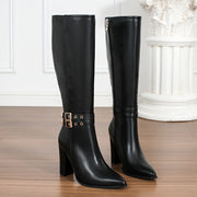 Женские сапоги из искусственной кожи до колена с заостренным носком и широким каблуком