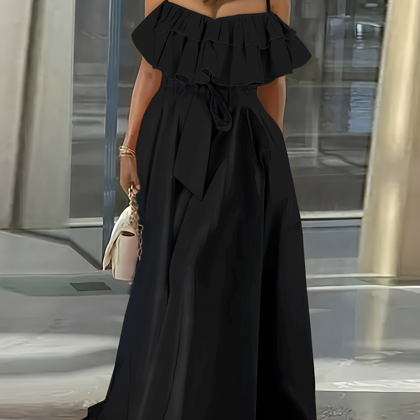 Women's Sleeveless Maxi Dress with Ruffle Trim and Tie Waist Polyester Elegant Spring Summer