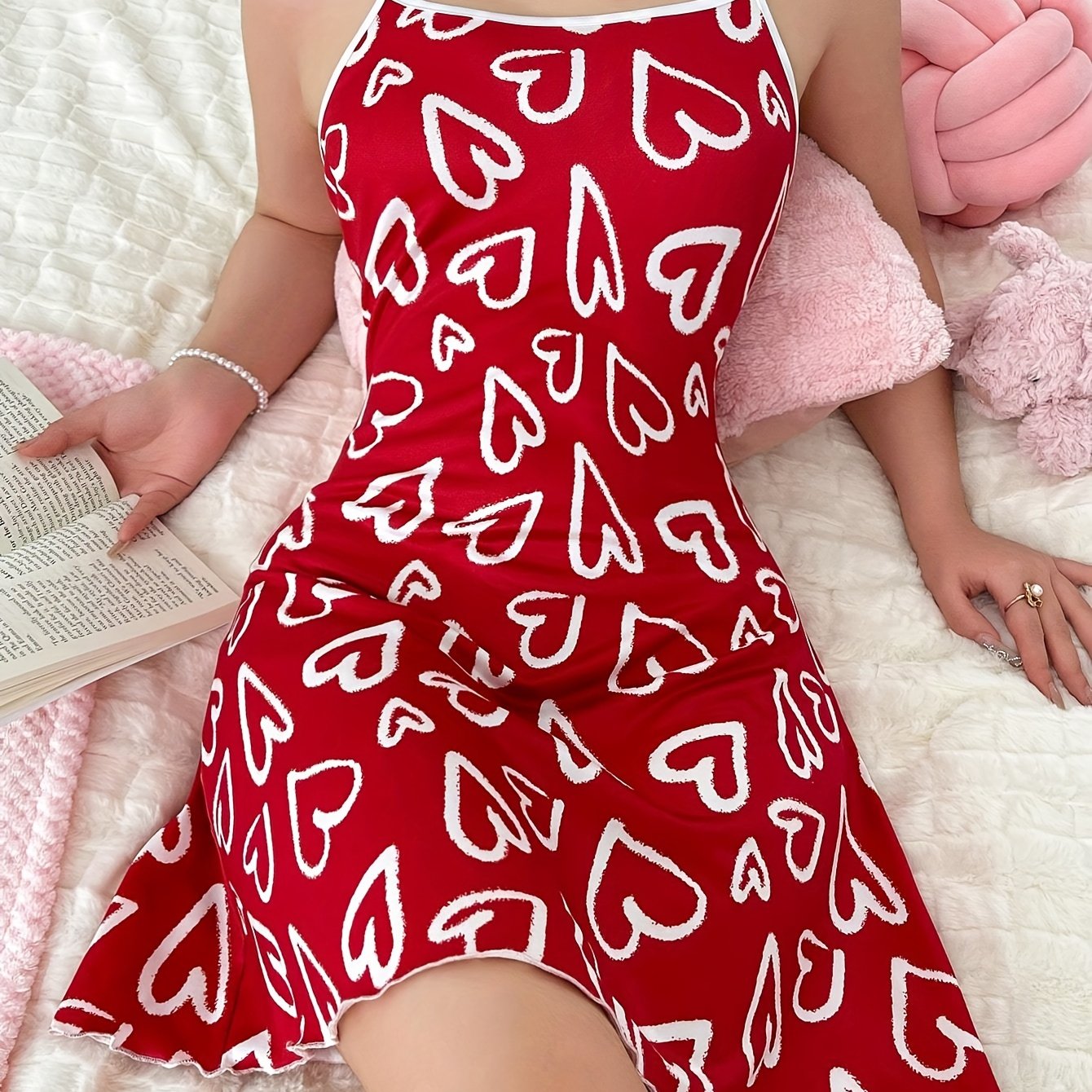 Women’s Summer Heart Pattern Slip Dress Polyester Sleeveless Casual